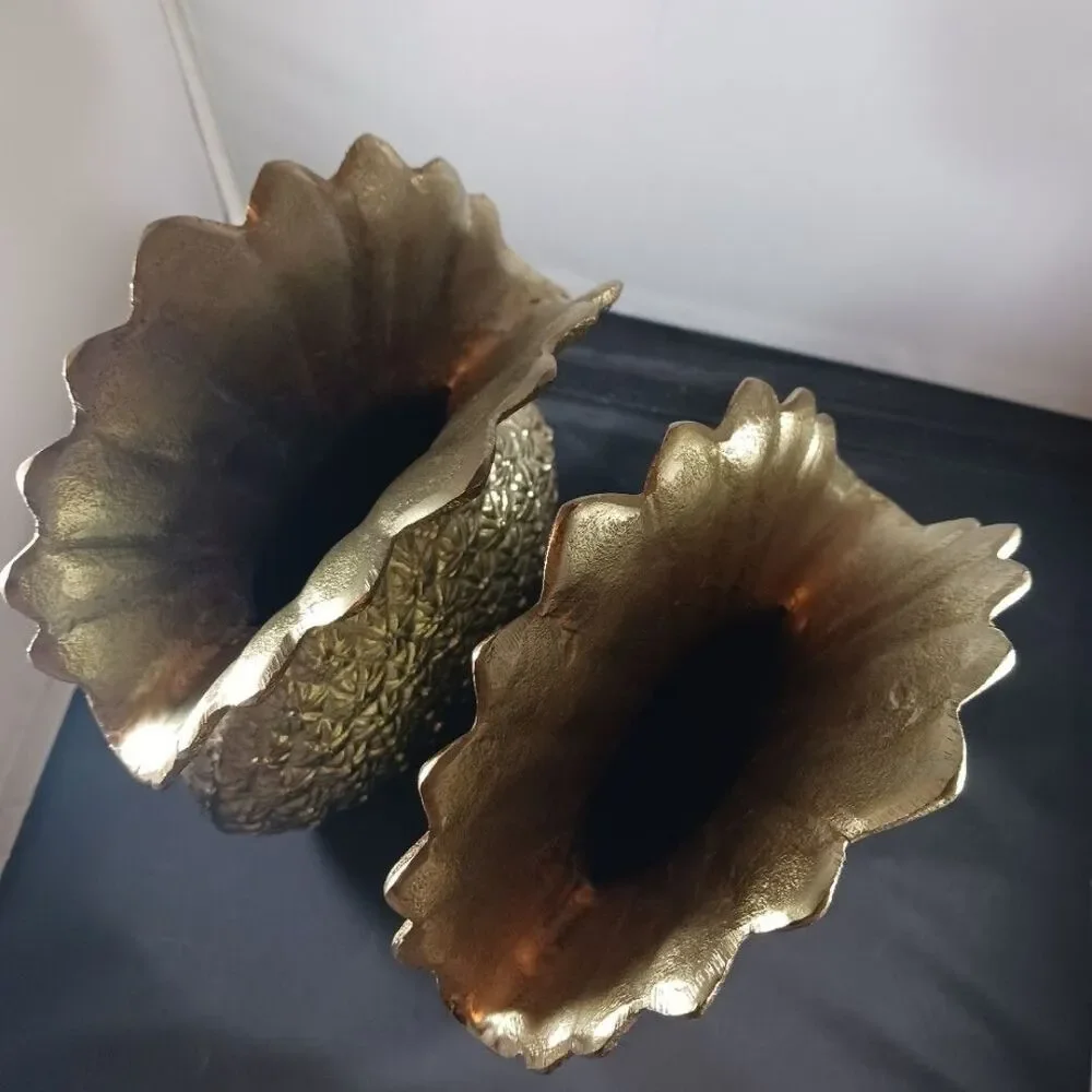 2 Artisan Pineapple Gold Color Metal Vase
